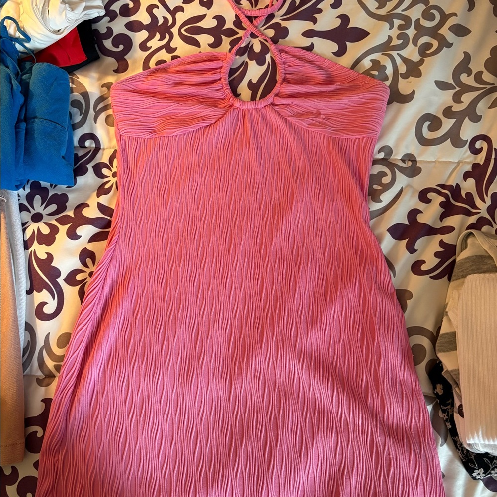 Women’s Pink Halter Textured Summer Dress